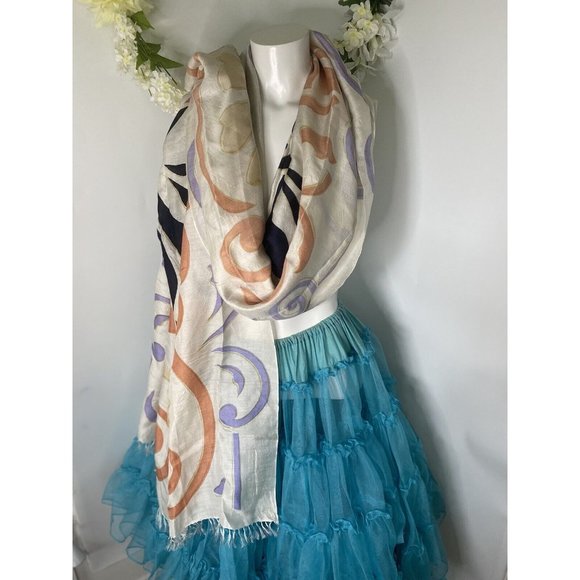 Cashmere Wrappings 100% Silk Wrap Scarf Shawl 80”x27” Cream Black Orange Purple - Picture 2 of 16